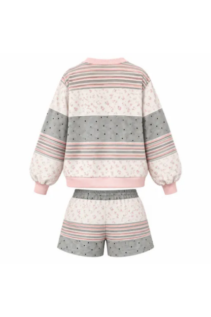 Women Spring Mixed Print Waffle Knit Lounge Shorts Set