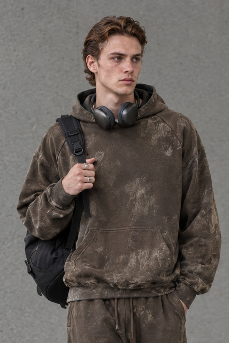 Men Fall Clothing Heavy Paint Distressed Streetwear Hoodie
