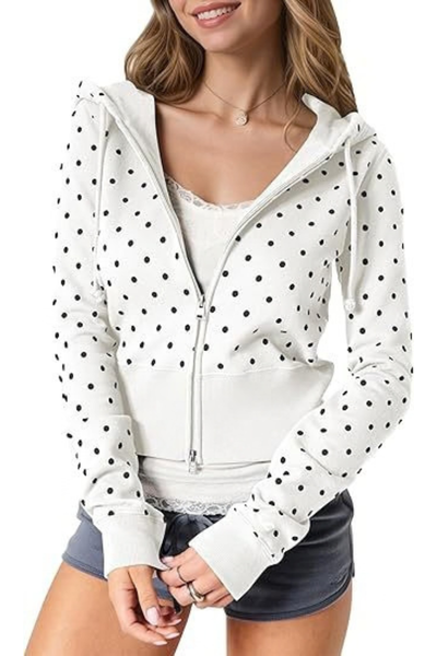 Women Fall Clothing Polka Dot Cropped Zip Hoodie Jacket