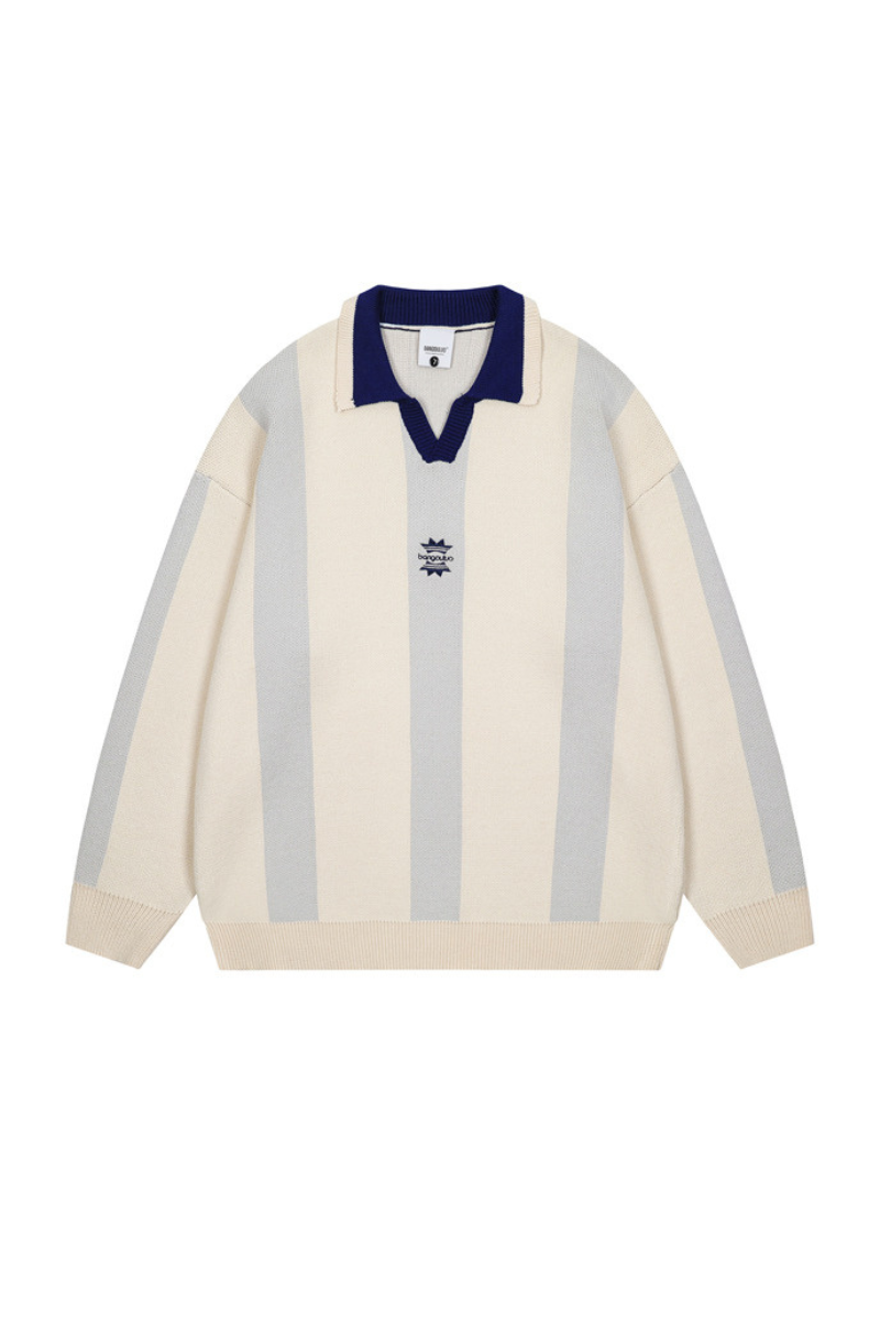Men's Fall Vertical-Stripe Colorblock Polo Knit Sweater
