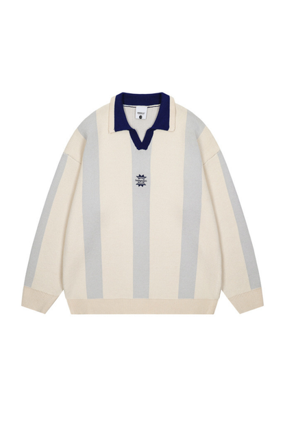 Men's Fall Vertical-Stripe Colorblock Polo Knit Sweater