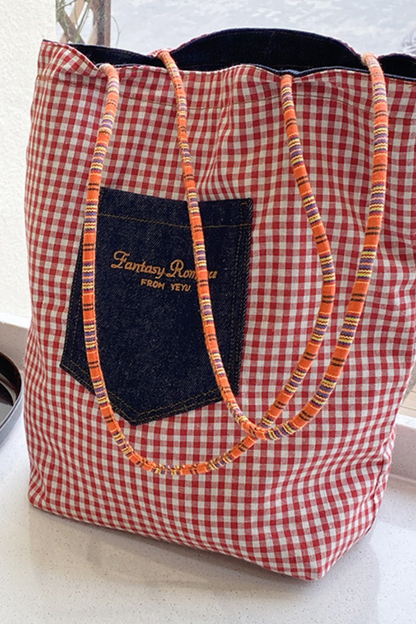 Women Fall Vintage Denim Plaid Reversible Shoulder Tote