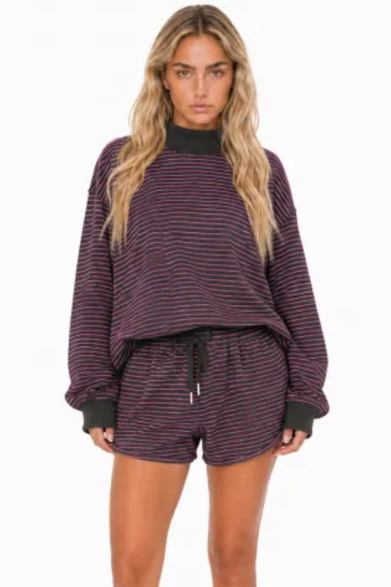 Women Fall Striped Mock Neck Sweatshirt Shorts 2 Piece Set