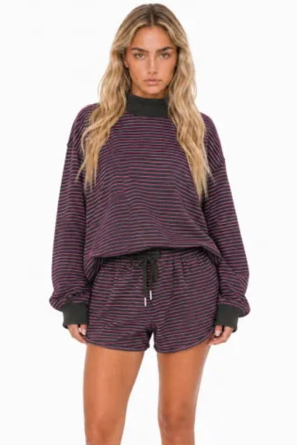 Women Fall Striped Mock Neck Sweatshirt Shorts 2 Piece Set