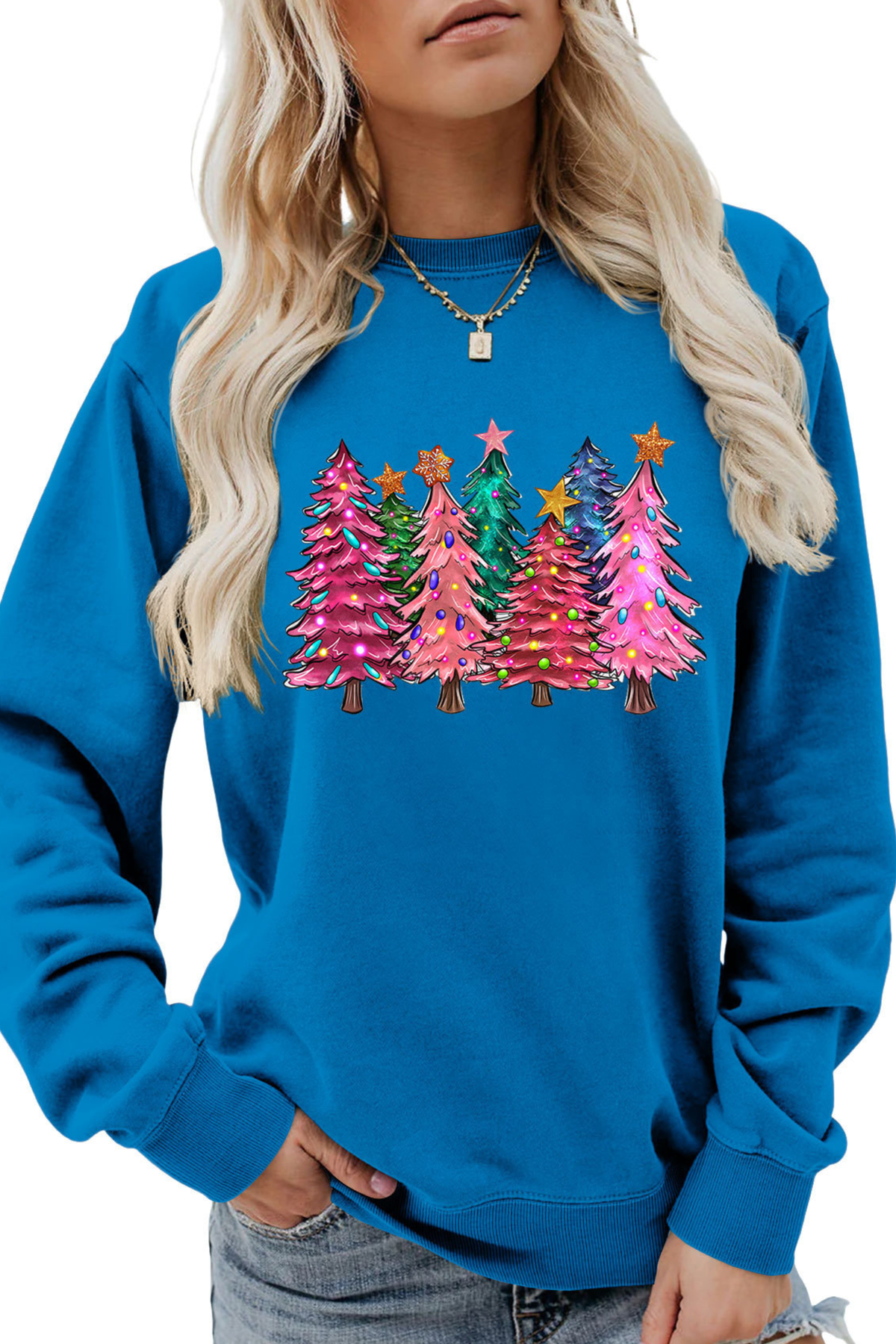 Women's Fall Christmas Tree Graphic Print Crew Sweatshirt