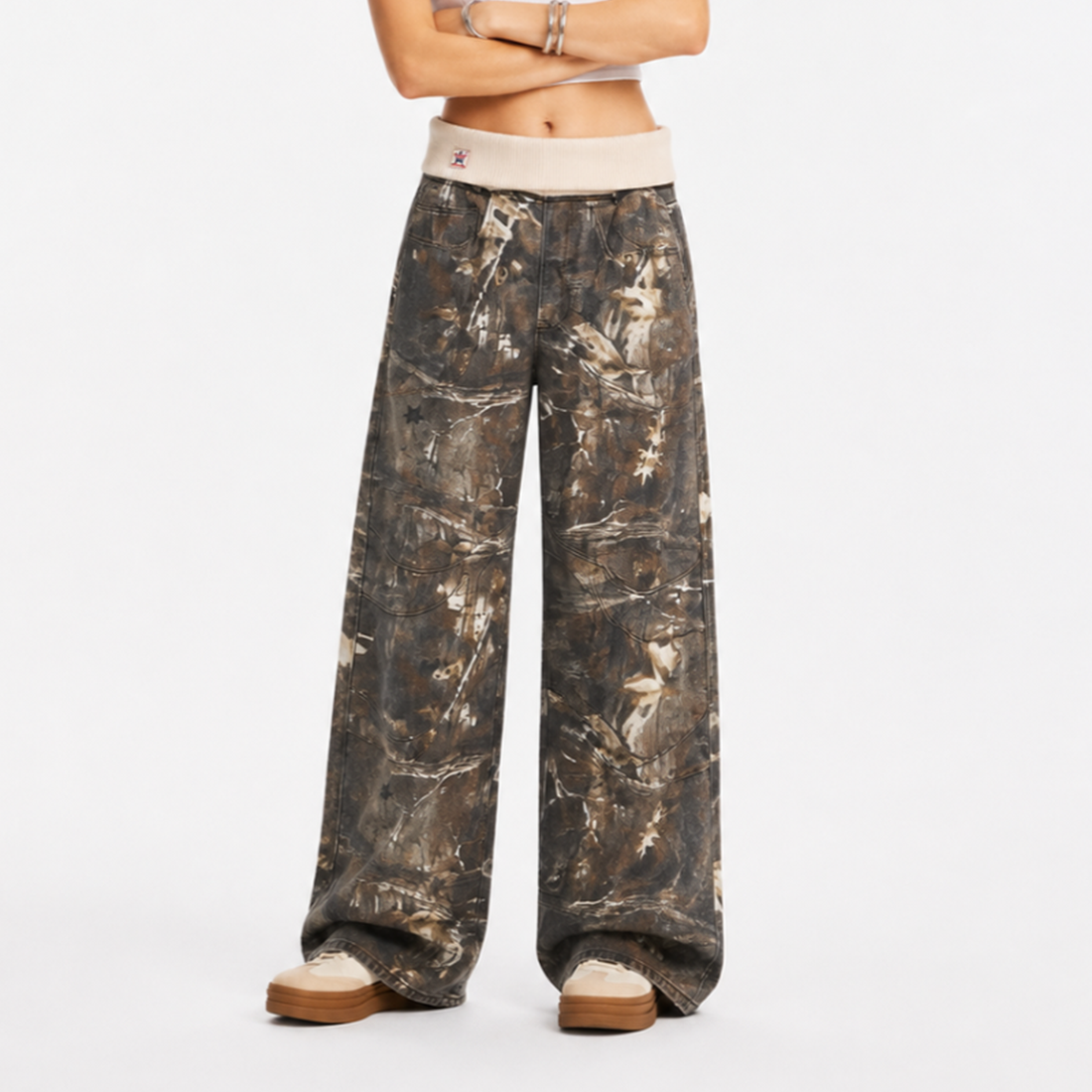 Women's Vintage High Waist Wash Camo Print Wide Leg Jeans