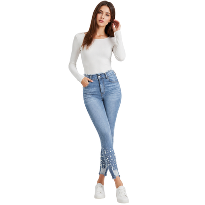 Women's High Waist Pearl Embellished Stretch Skinny Jeans