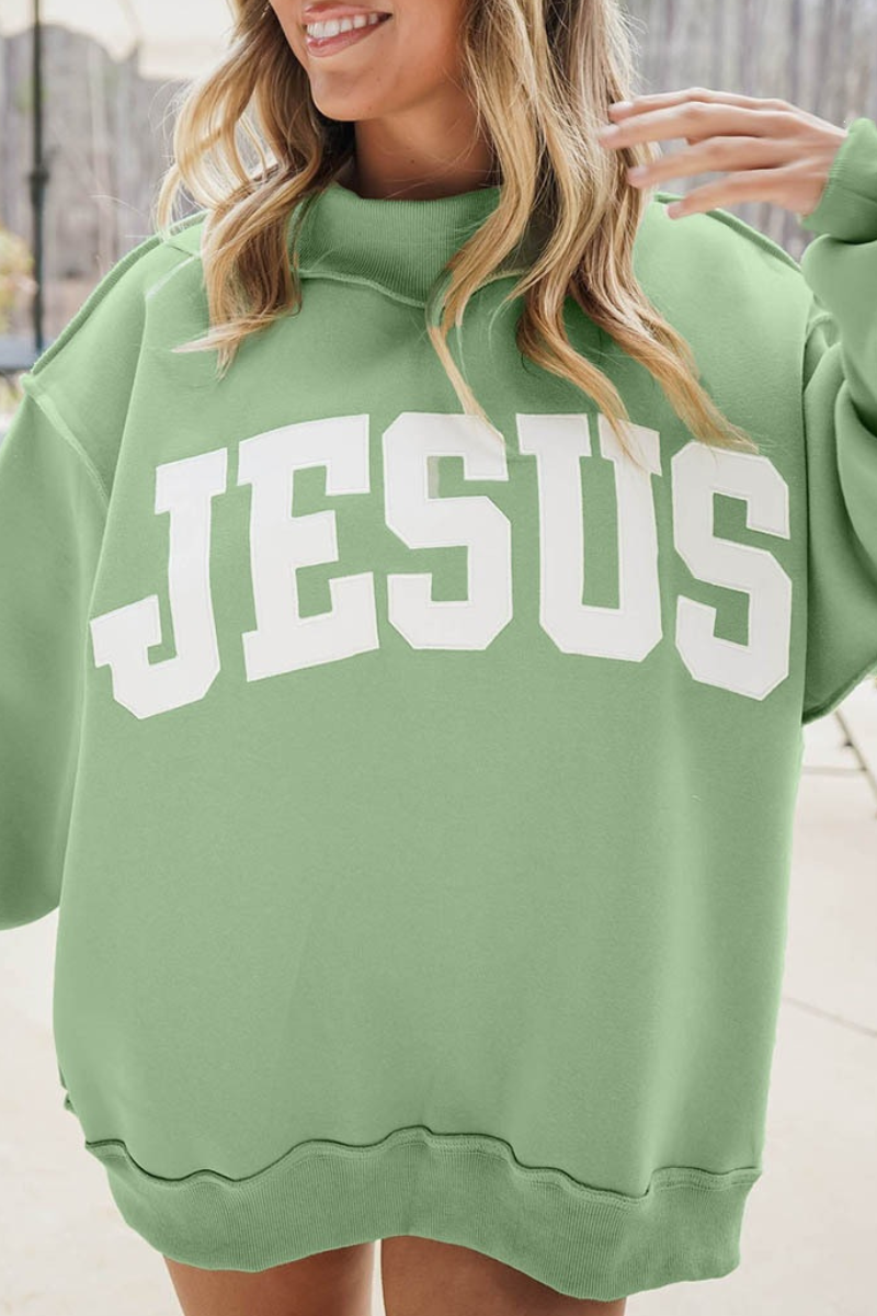 Women Fall Oversized Letter Patch Mock Neck Sweatshirt