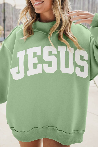 Women Fall Oversized Letter Patch Mock Neck Sweatshirt