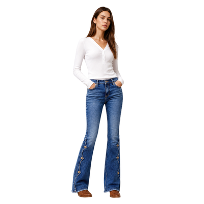 Women's High Waist Flare Jeans with Side Button Details