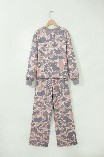 Women's Fall Camo Print Loose Long Sleeve Two Piece Set