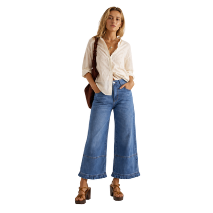 Women's High Waist Wide Leg Jeans with Ruffle Hem