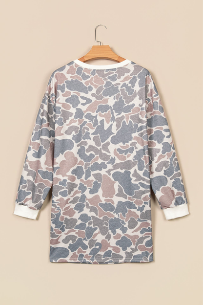 Women's Fall Camo Print Crew Neck Loose Mini Dress