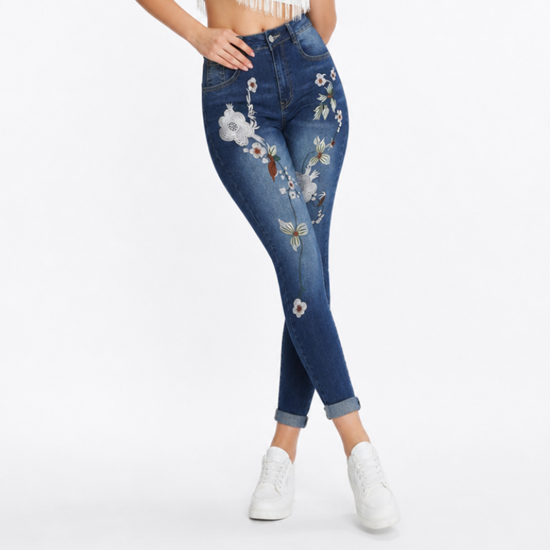 Women's Vintage High Waist Floral Embroidered Skinny Jeans