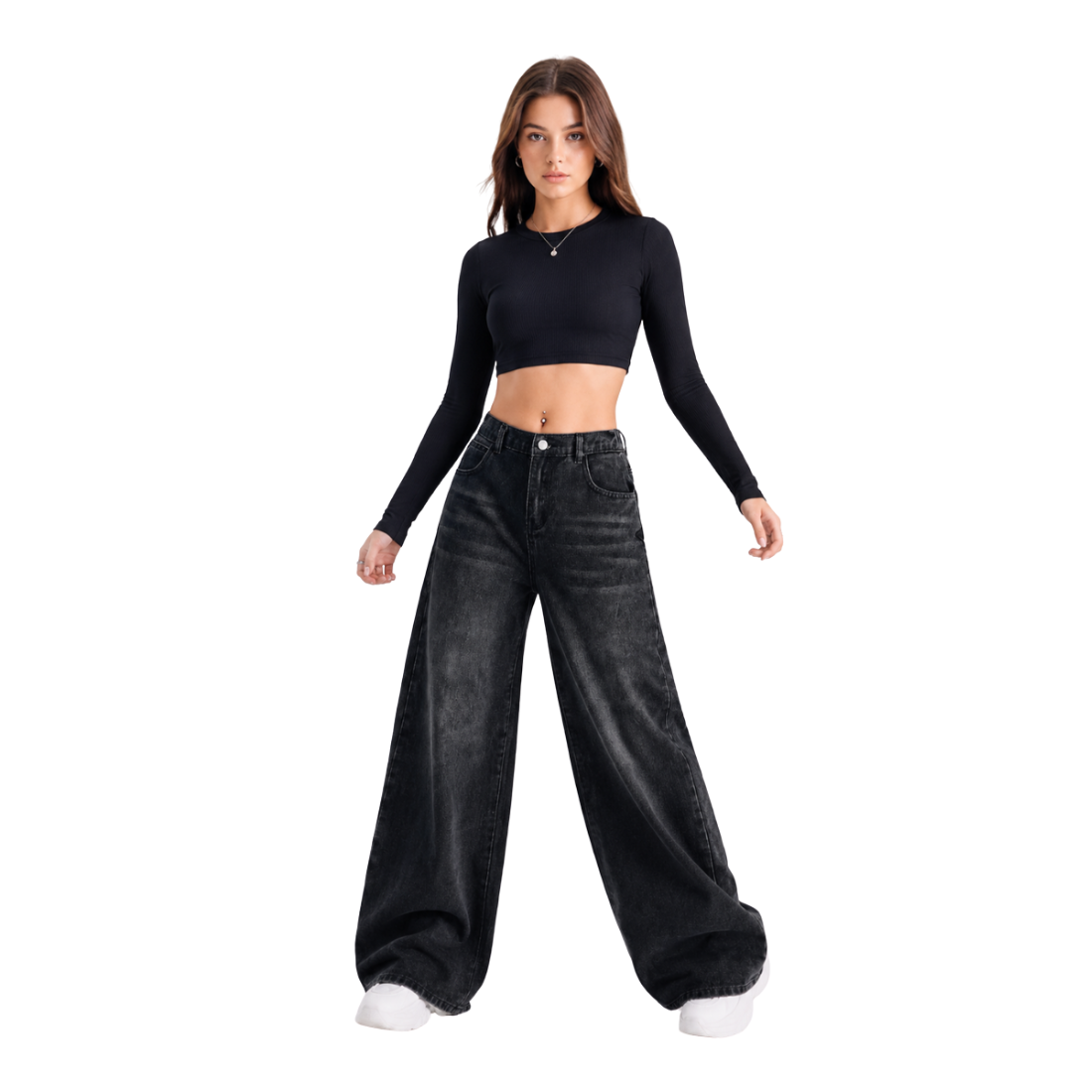 Women's high-rise wide-leg jeans with a half-elastic waist