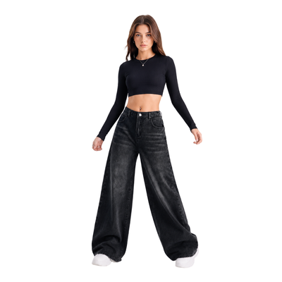Women's high-rise wide-leg jeans with a half-elastic waist