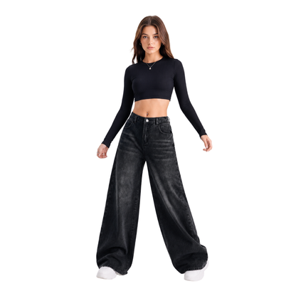 Women's high-rise wide-leg jeans with a half-elastic waist