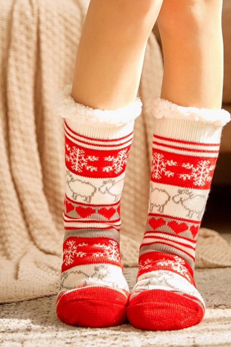 Women Winter Christmas Fleece Cuff Non Slip Slipper Socks
