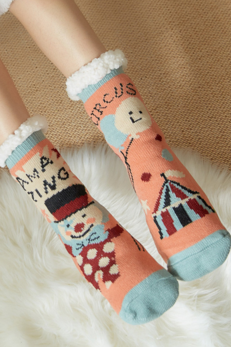 Women Winter Christmas Fleece Cuff Non Slip Slipper Socks