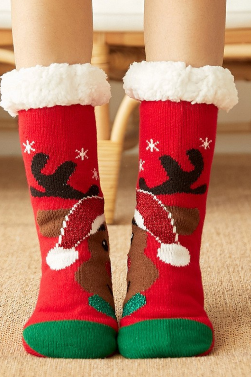 Women Winter Christmas Fleece Cuff Non Slip Slipper Socks
