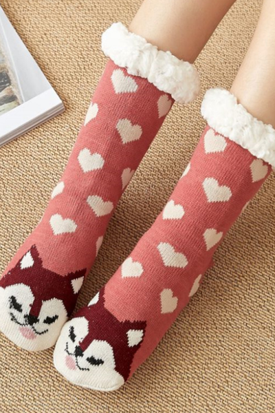 Women Winter Christmas Fleece Cuff Non Slip Slipper Socks