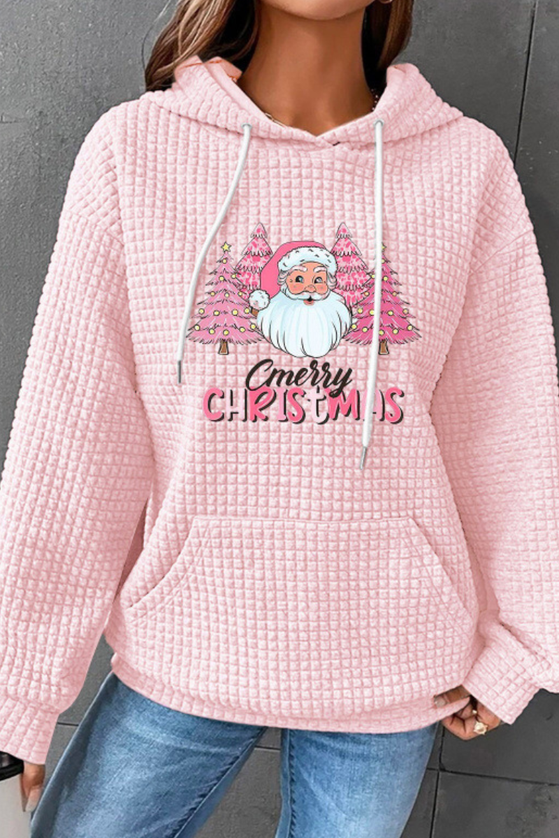 Women Winter Christmas Santa Waffle Knit Pullover Hoodie