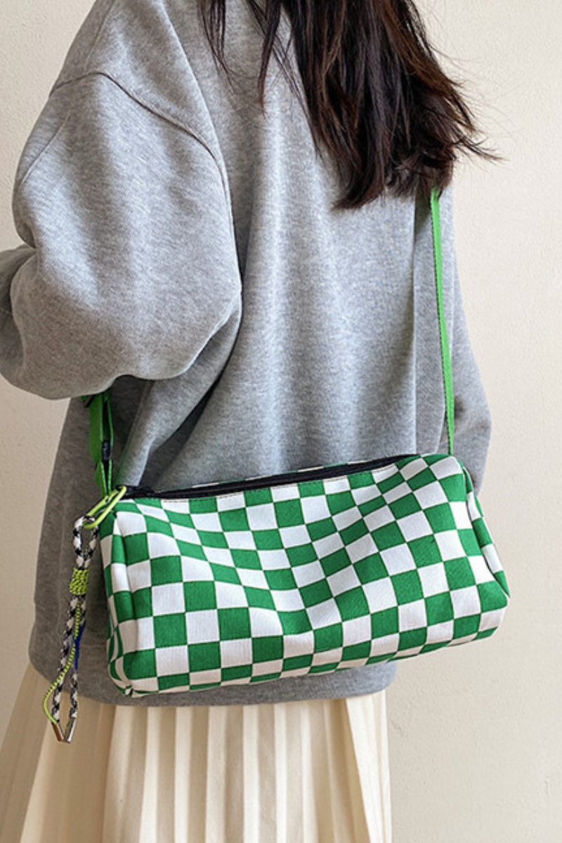 Women Fall Checkered Canvas Cylinder Crossbody Bag