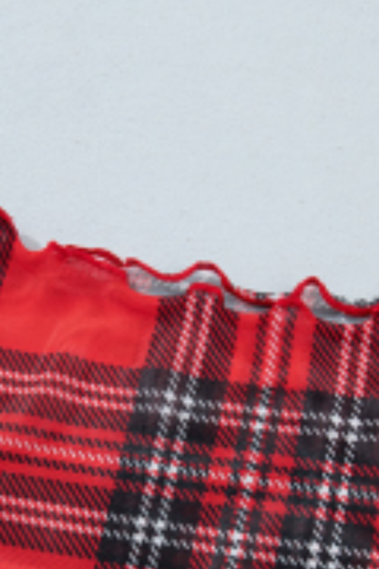 Women's Fall Christmas Red Plaid Sheer Slim Fit Top
