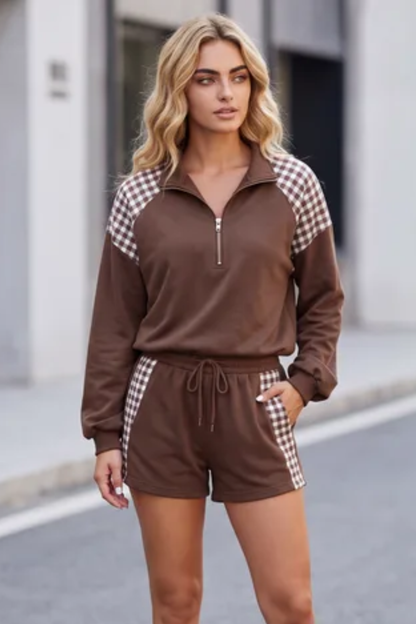 Women Winter Christmas Gingham Half Zip Top Shorts Set