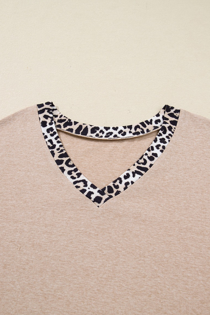 Women Fall Clothing Plus Size Leopard Trim V Neck Top