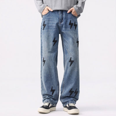 Men's Spring Washed Blue Black Lightning Wide Leg Jeans