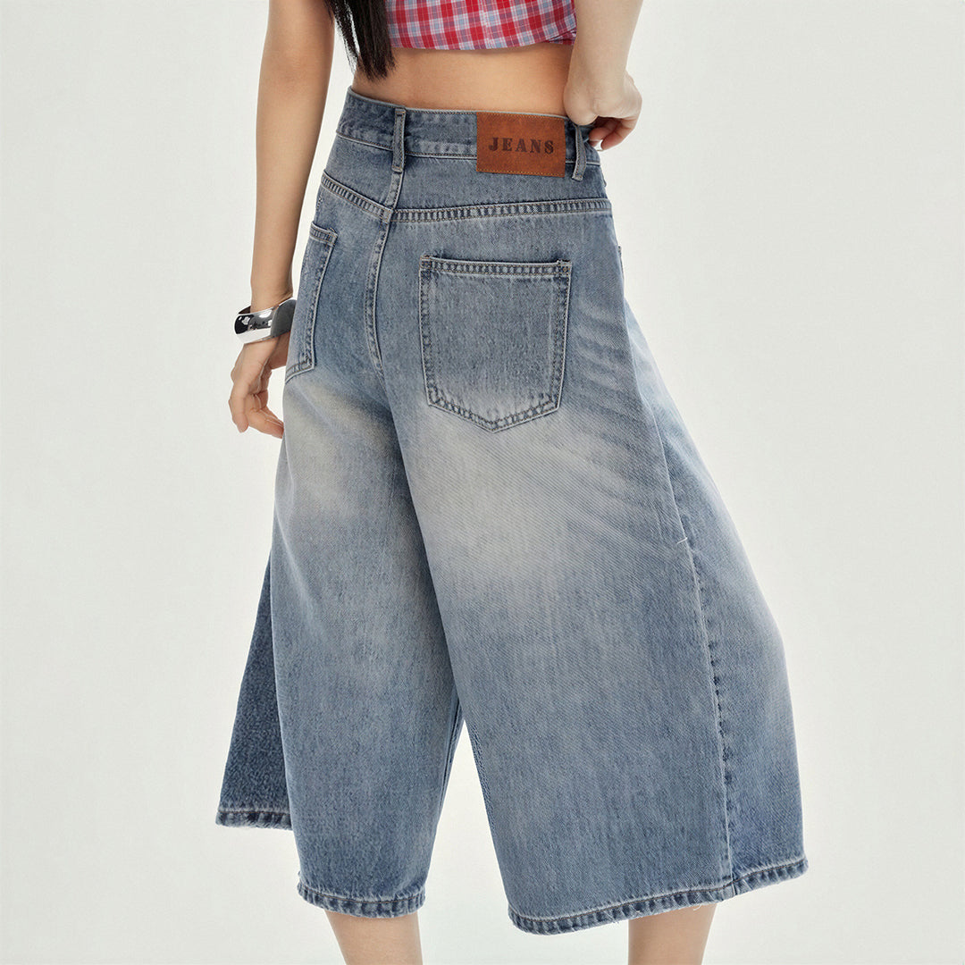 Women's Summer Gradient Washed Wide-Leg Denim Capri Pant