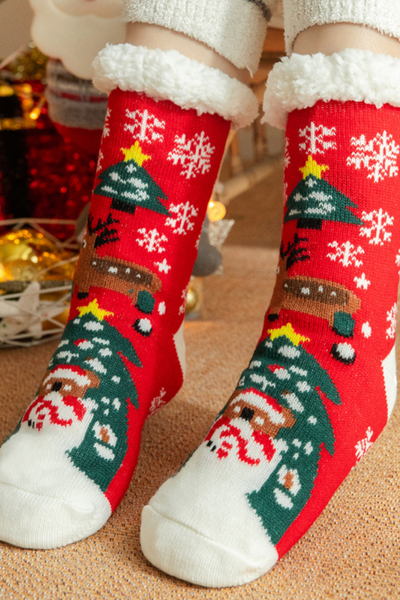 Women Winter Christmas Fleece Cuff Non Slip Slipper Socks