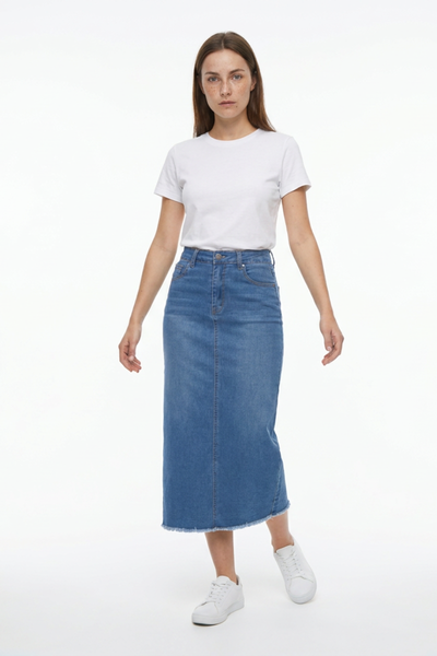 Women's High Waist Back Slit Denim Midi Skirt