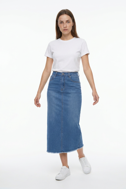 Women's High Waist Back Slit Denim Midi Skirt