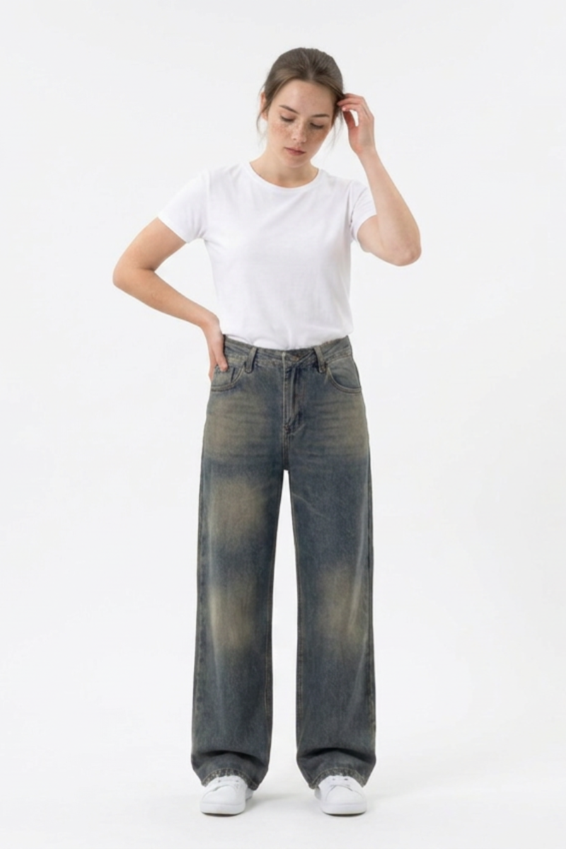 Women's 100% Cotton Vintage Wash Straight Leg Jeans