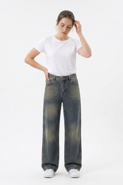 Women's 100% Cotton Vintage Wash Straight Leg Jeans