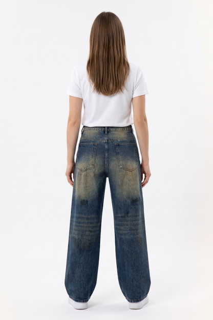 Women's Vintage Wash High Waist Straight Wide Leg Jeans