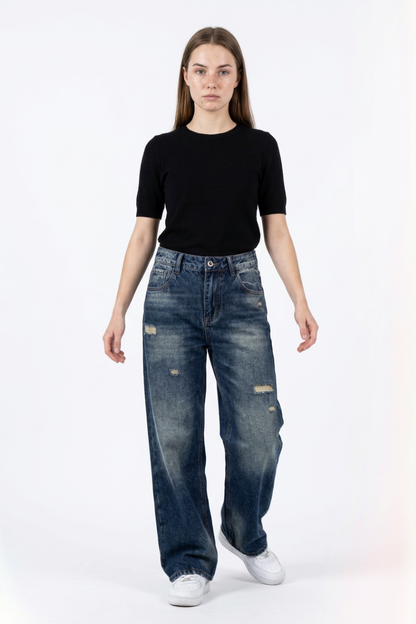 Women's Distressed High Waist Wide Leg Jeans