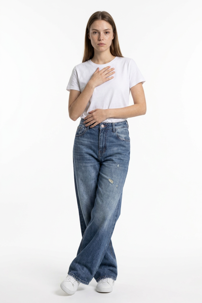 Women's Distressed High Waist Wide Leg Jeans