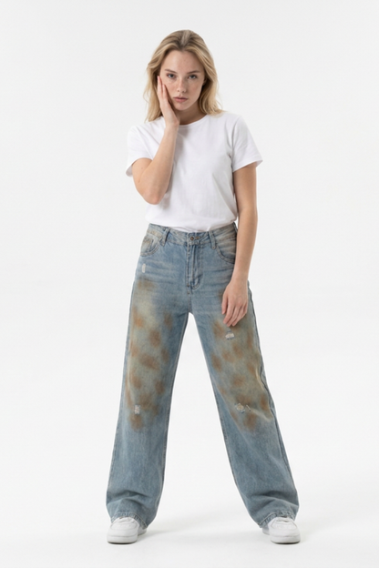 Women's Multi-Layer Dirty Wash High Waist Wide Leg Jeans