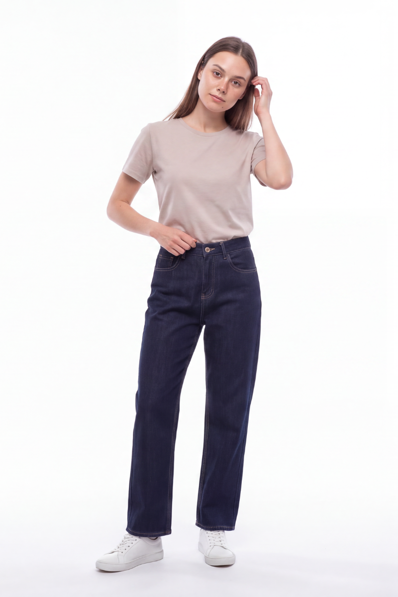 Women's Raw Denim Blue High Waist Straight Leg Jeans