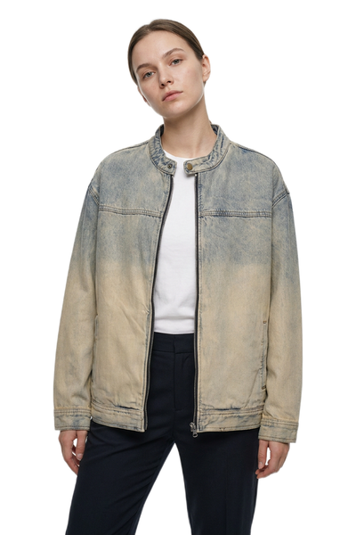 Women's Washed Stand Collar Zip-Up Vintage Denim Jacket