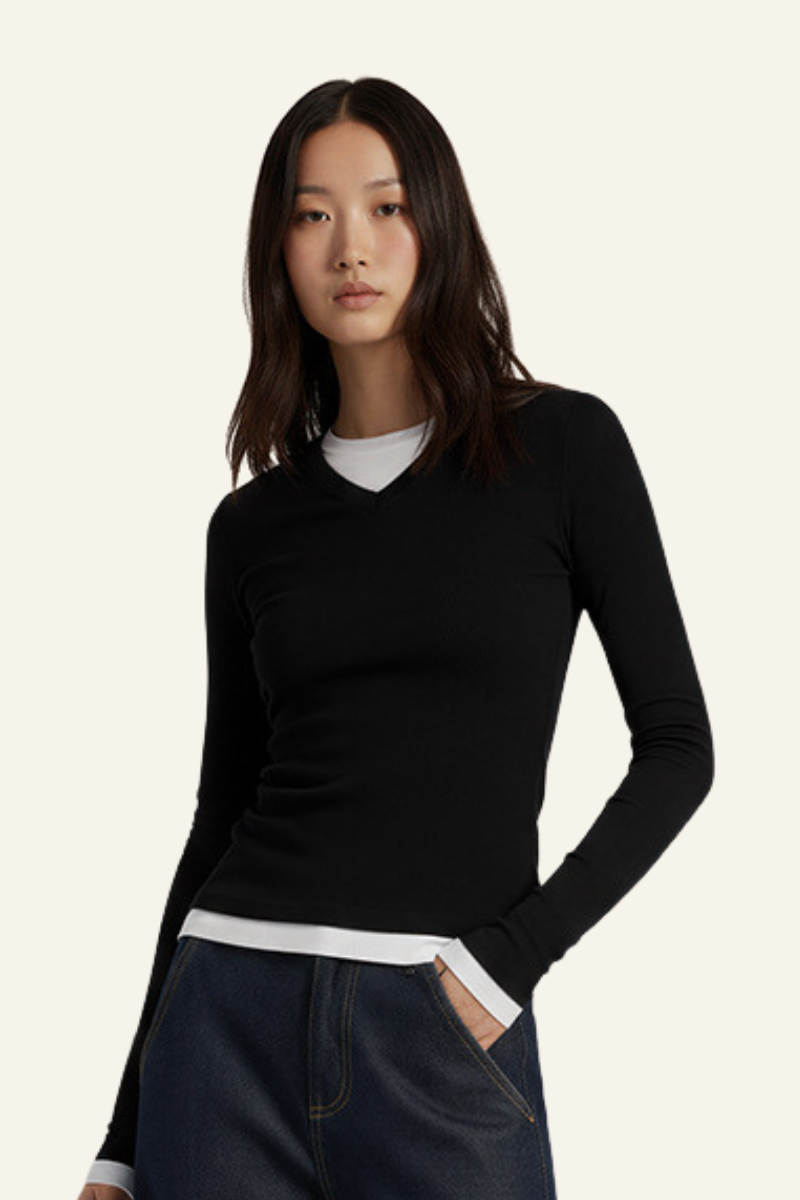 Women V-Neck Layered Long-Sleeve Knit T-Shirt