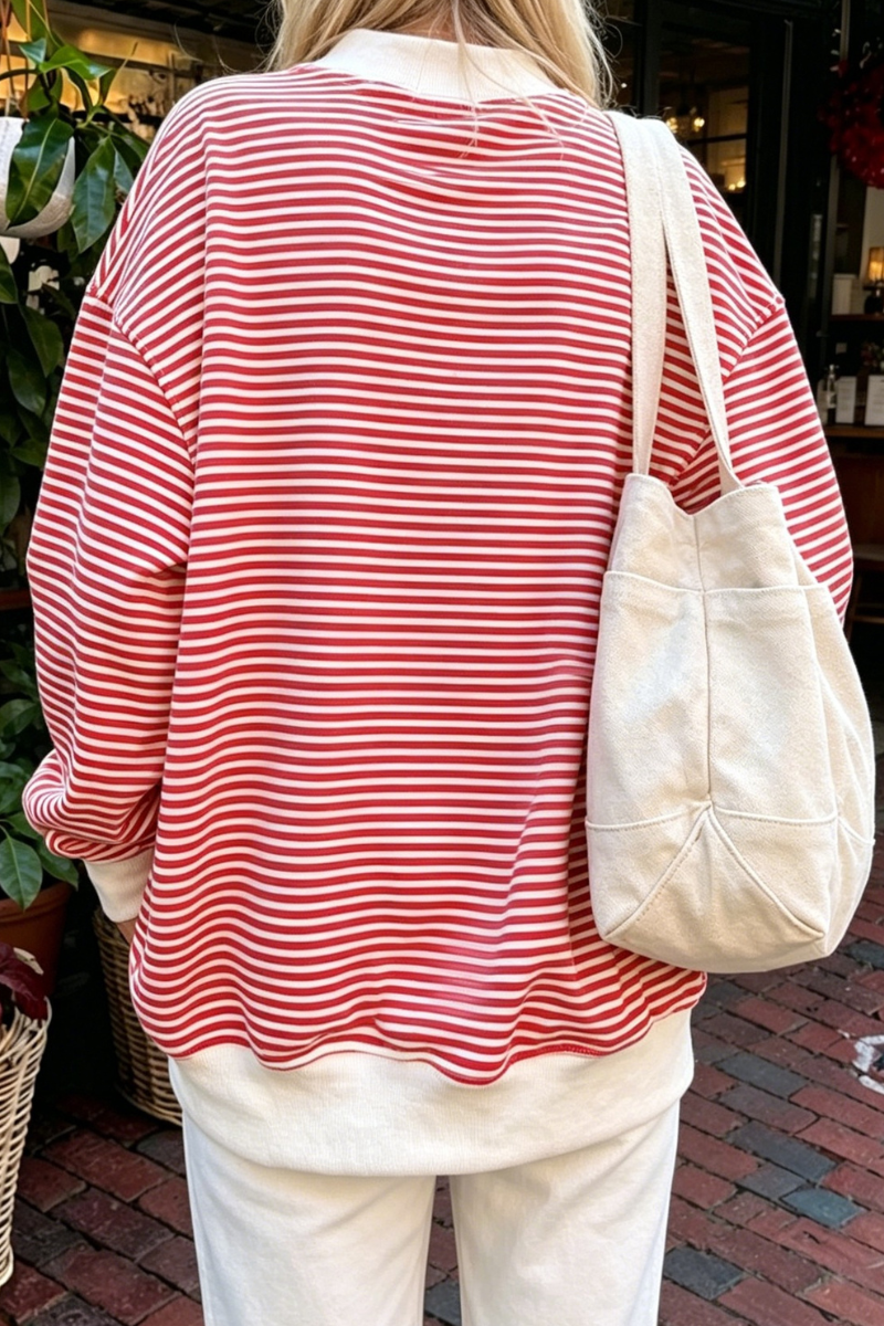 Women Spring Striped Mock Neck Oversized Cotton Sweatshirt