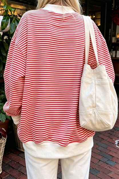 Women Spring Striped Mock Neck Oversized Cotton Sweatshirt