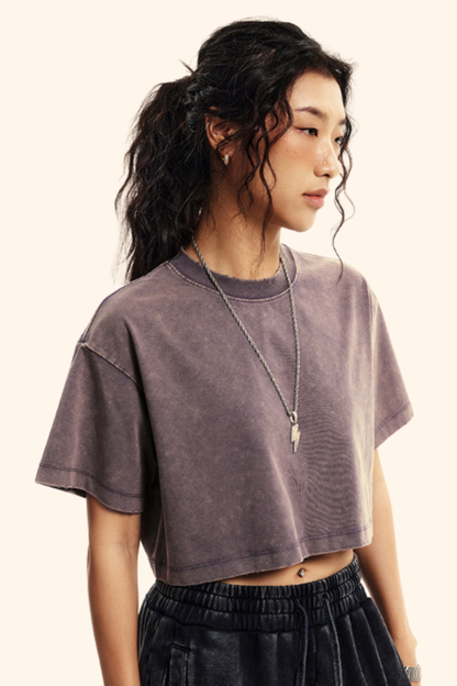 Women's Summer 230g Raw Edge Washed Crewneck Cropped Tee
