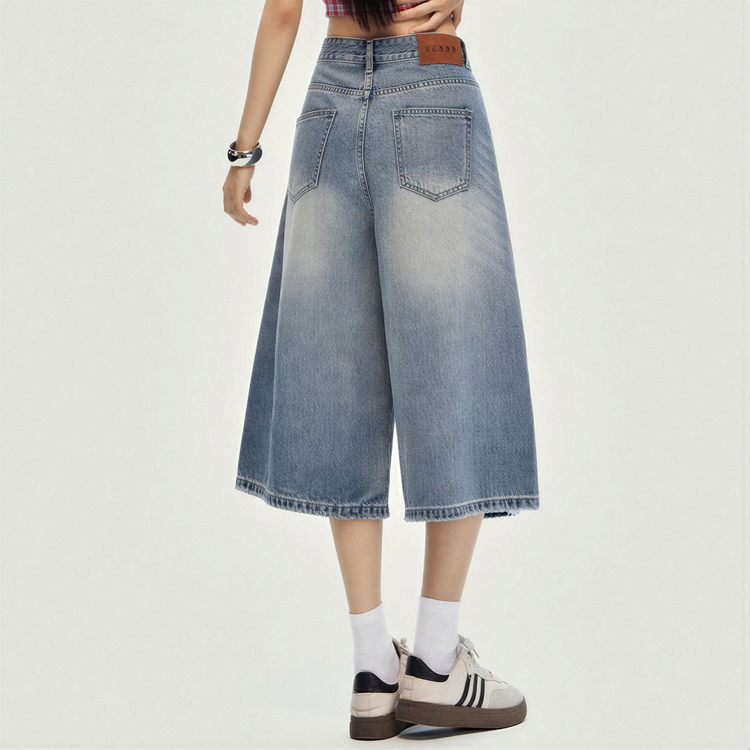 Women's Summer Gradient Washed Wide-Leg Denim Capri Pant