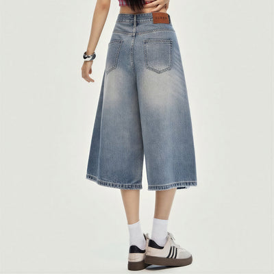 Women's Summer Gradient Washed Wide-Leg Denim Capri Pant