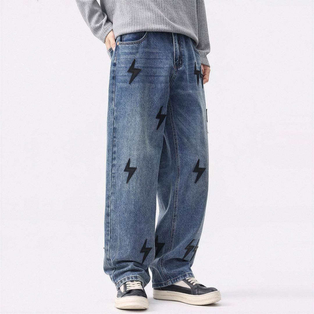 Men's Spring Washed Blue Black Lightning Wide Leg Jeans